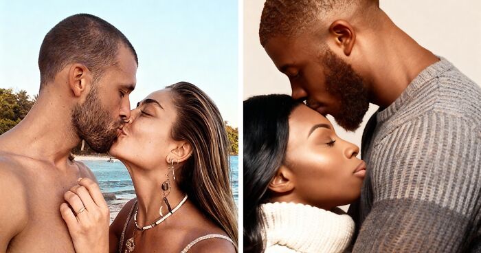 Two couples sharing intimate kisses, showcasing romantic moments and diverse styles of kisses that totally rock.