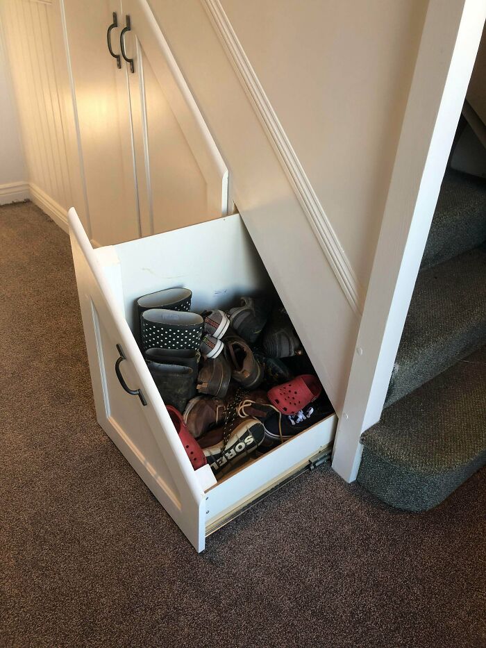 Turned a Useless Corner Under the Stairs Into a Shoe Drawer!