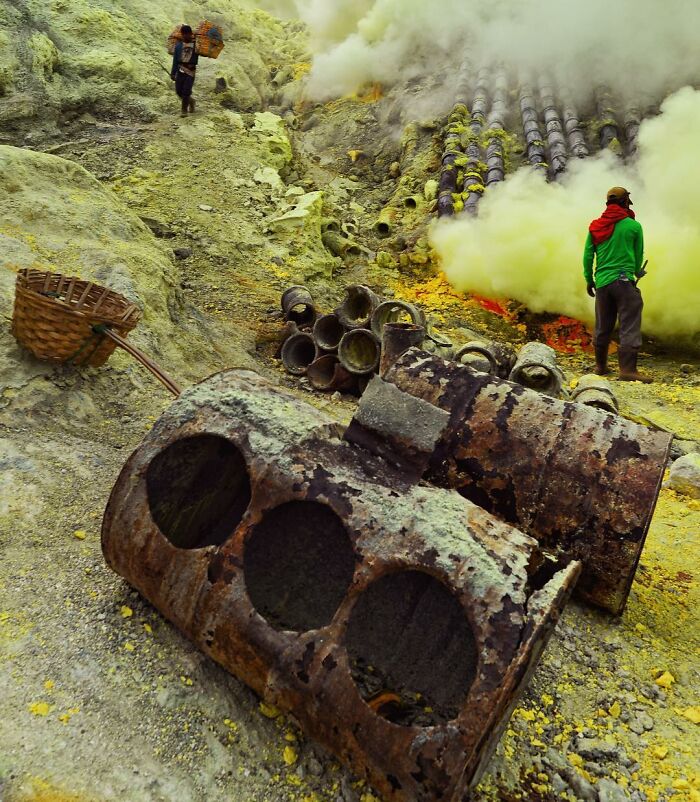 Sulfur Miners With Fiery Backgrounds, Ijen Crater