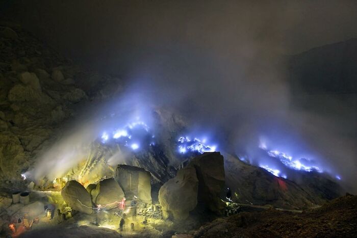 Blue Fire And Hardworking Sulfur Miner, Ijen’s Volcano