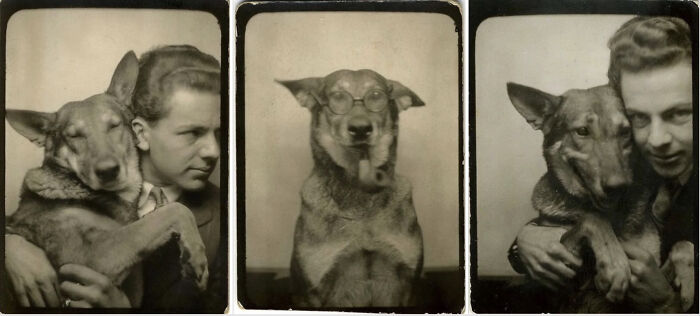 Man and His German Shepherd Snap a Photobooth Selfie, NYC 1943