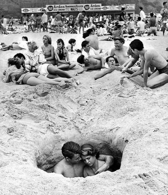 Secret Beach Hideout! Couple in a Hole on Santa Monica Sand, 1950