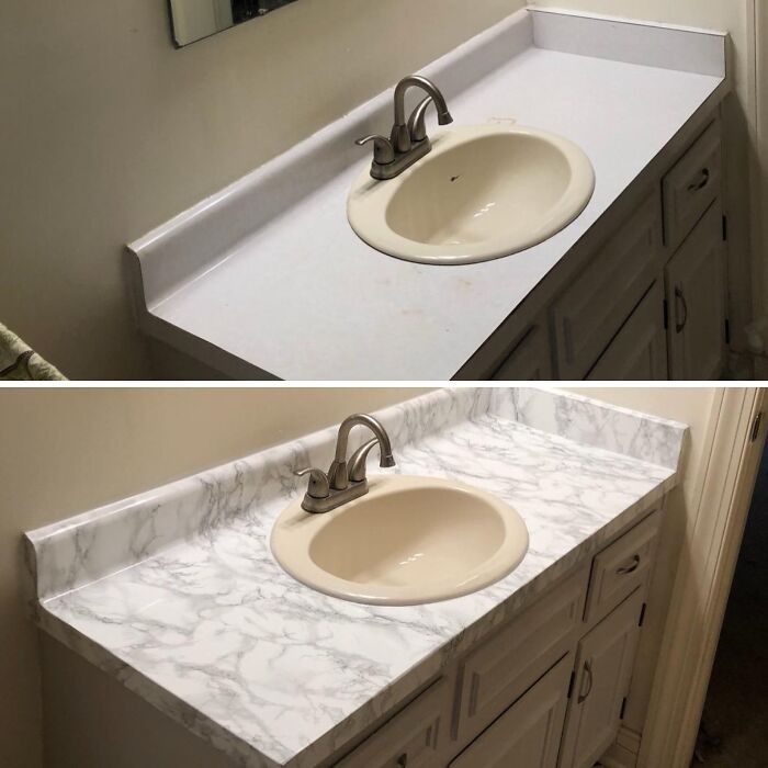Make Your Boring Laminate Countertops Look Like Fancy Marble With This Self-Adhesive Film