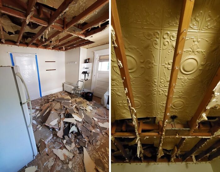 Original Tin Ceiling Found In Our 1920 Foursquare!