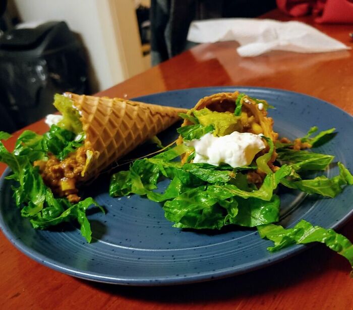Tacos Cozying Up in a Waffle Cone. Husband Proud, Taste Buds Confused