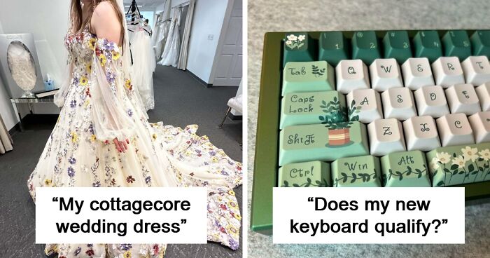 Woman wearing a cozy, dreamy cottagecore wedding dress with floral patterns in a bridal shop setting.