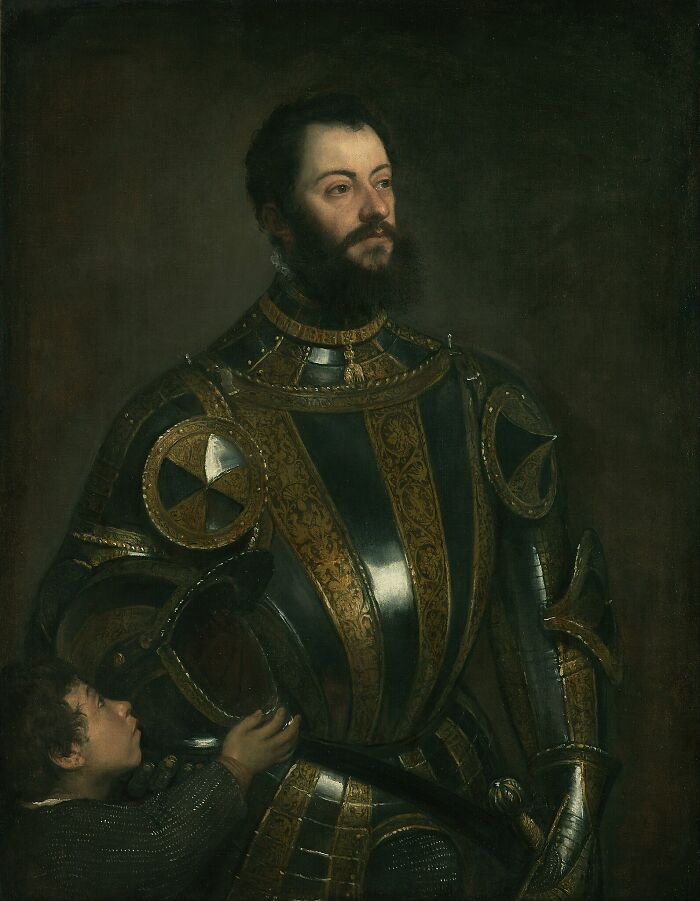 Portrait Of Alfonso D'avalos, Marchese Del Vasto, In Armor With A Page (1533) by Titian