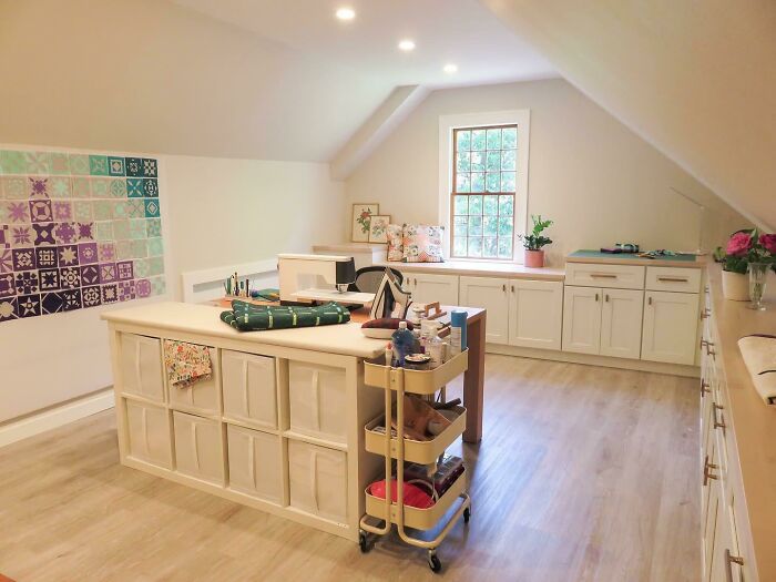 Turned An Unfinished Attic Into The Dream Sewing Room Every Perfectionist Would Adore