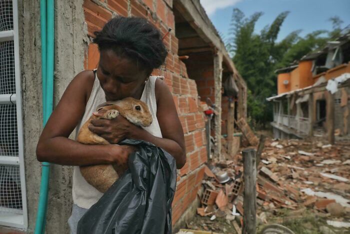 Woman Hugging Rabbit Rescued From Ruins in Colombia