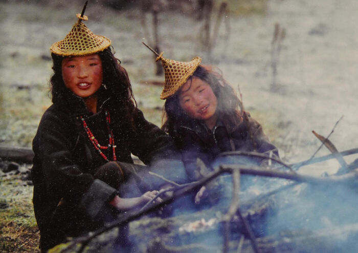 Girls Wearing Bamboo Hats in Laya Village, Bhutan