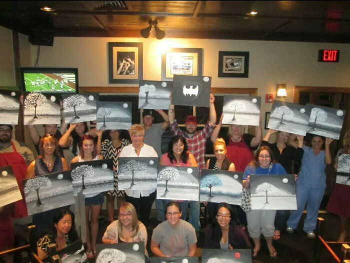 Friend Somehow Got Husband To Go To Wine And Paint. He’s Trying!