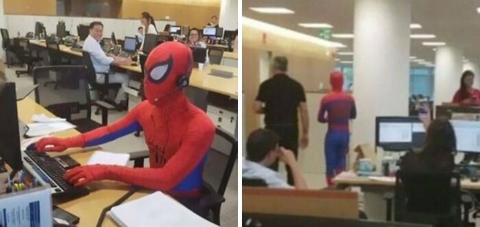 Co-worker Showed Up as Spiderman on Their Last Day at the Bank. Talk About Style!