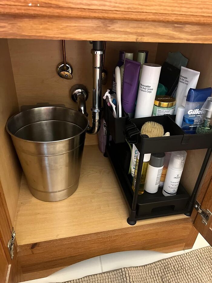 Behold Double-Decker Storage Magic With These 2-Tier Under Sink Organizers (Hooks, Cups Included!)