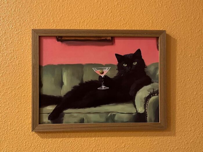 Give Your Wall The Purrfect Touch With This Cat Drinking Martini Art