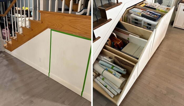 Turned The Dead Space Under My Stairs Into Giant Drawers—Took Me 7 Months!
