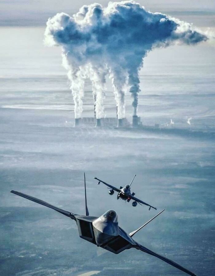 Jets Flying Over A Gigantic Power Plant In Poland