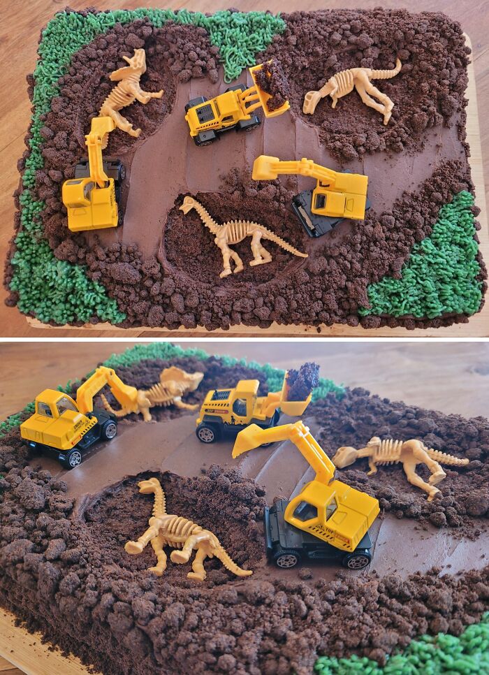 My 3-Year-Old Asked for a Construction and Dinosaur Cake—I Delivered!