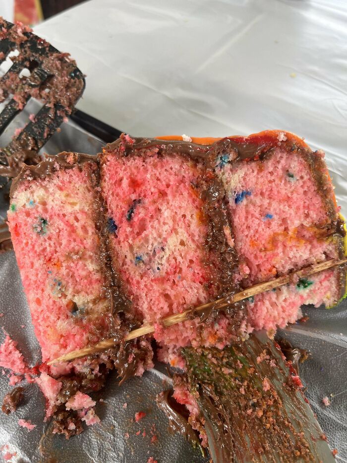 Made a Giant Pink Vanilla Cake with Chocolate Frosting. Nail or Fail?