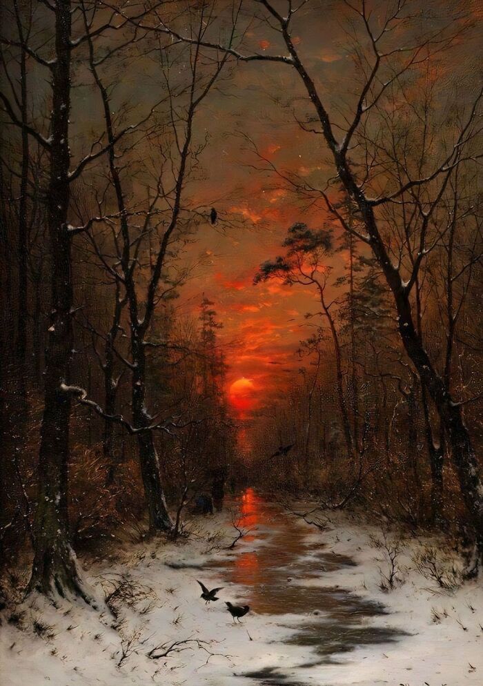 Snowy Magic: "Sunset Over The Winter Forest" by Heinrich Gogarten, 1881