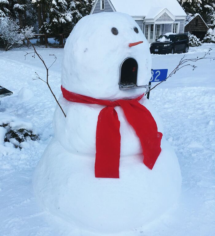 Snowman Mailbox Made By The Wife (While Hubby Was At Work)