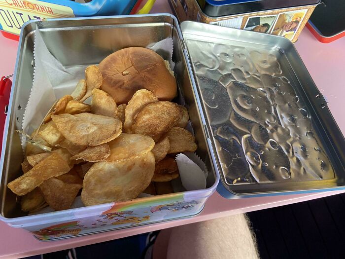 Burger and Chips Served in a Burning Hot Lunchbox. Seriously.