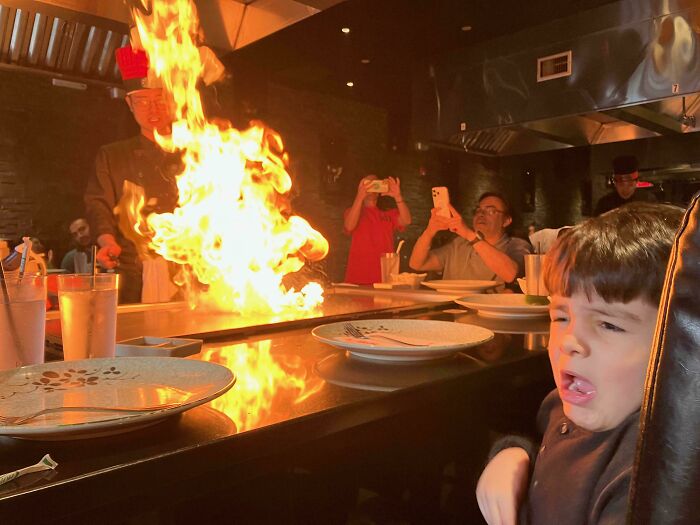 Hibachi Flame Scared My Son—Thanks Grandma for the Snap!