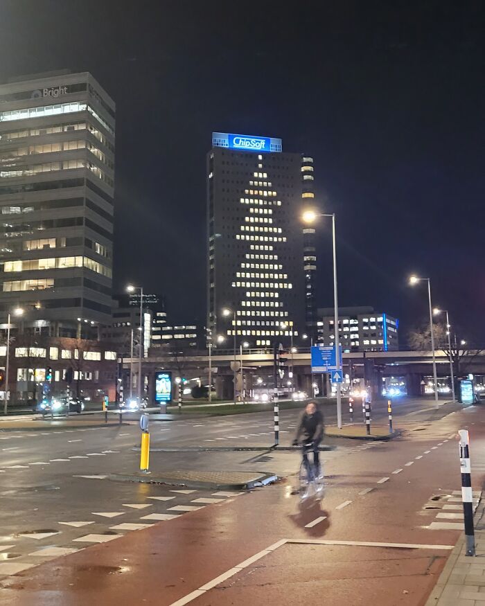 Office Building Lights That Spell Out Christmas Tree Like a Boss
