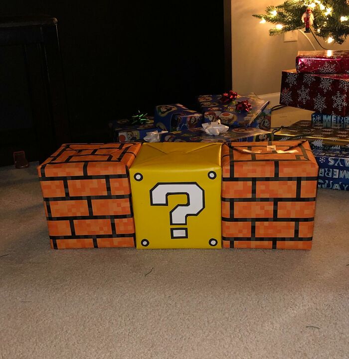 Wrapped Nephew’s Gifts Like Super Mario Blocks