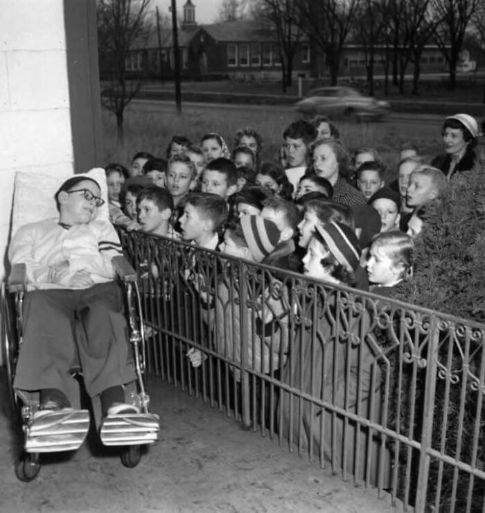 Polio Patient Listening to Christmas Carols from Former Class, 1952