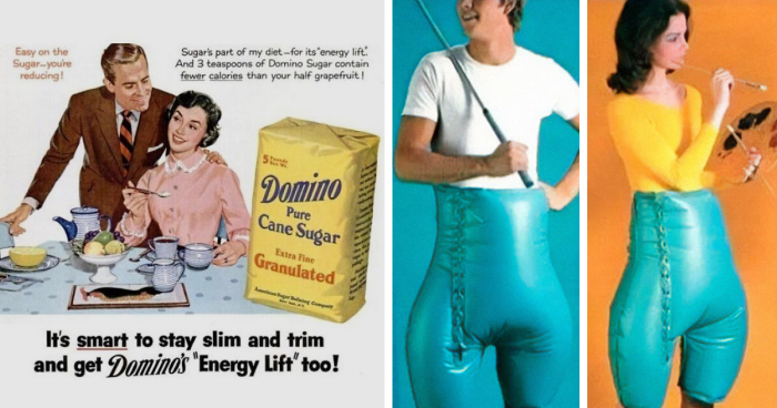 Vintage product ads from the mid-20th century including Domino sugar energy lift and unusual retro clothing designs.