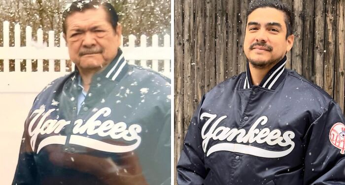 Grandfather Rocking Original Yankees Jacket Then and Now
