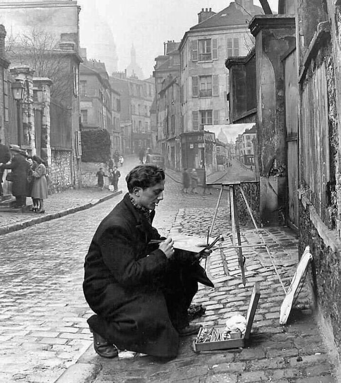 Artist Painting in the Rain with Paris View, 1946