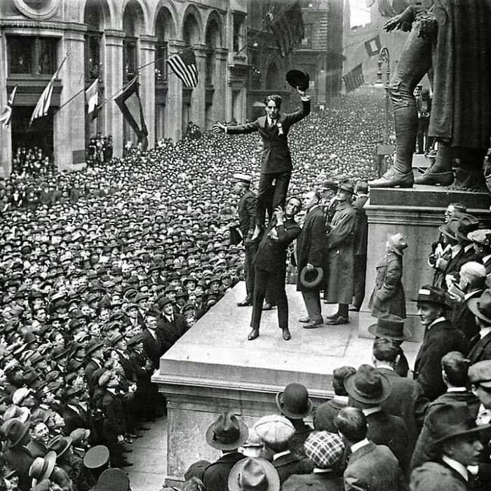 Charlie Chaplin Celebrates WWI Victory on Wall Street, 1918