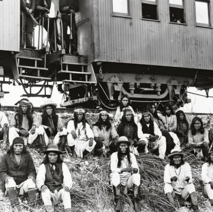 Geronimo and Apache Leaders Take a Train Rest Stop, 1886