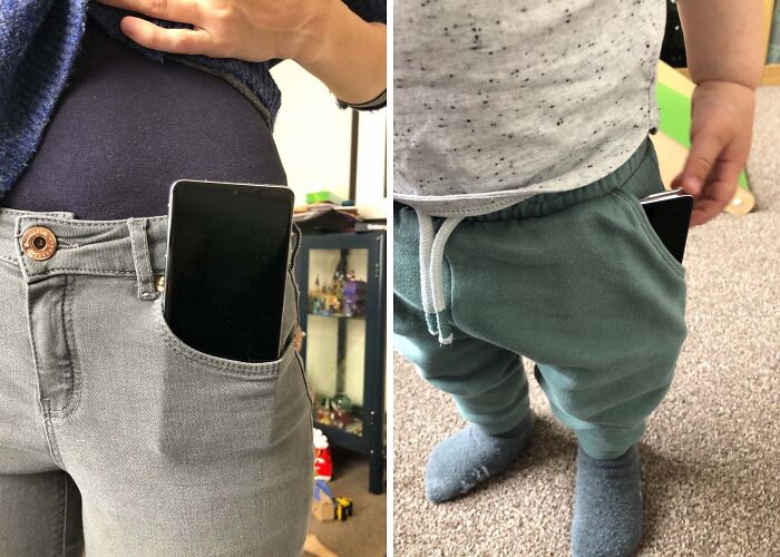 Giant Phone in Wife’s Jeans vs Toddler’s Joggers
