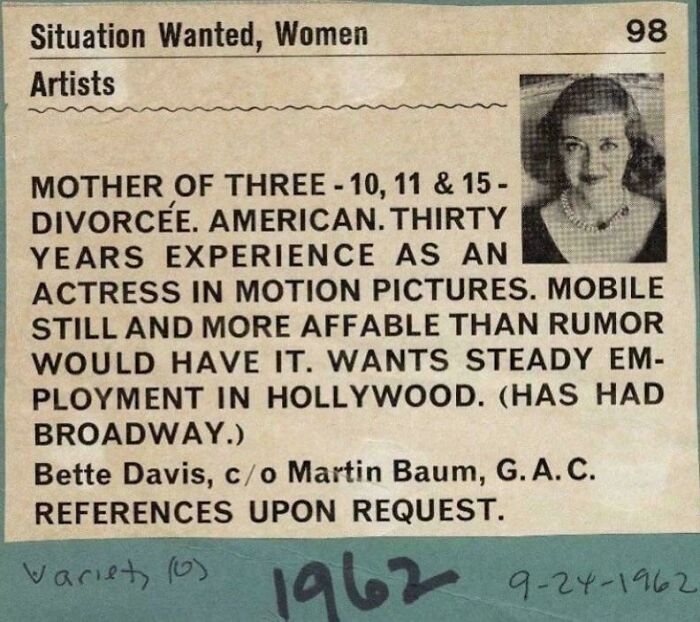 Bette Davis’ Bold Ad in Variety, 1962