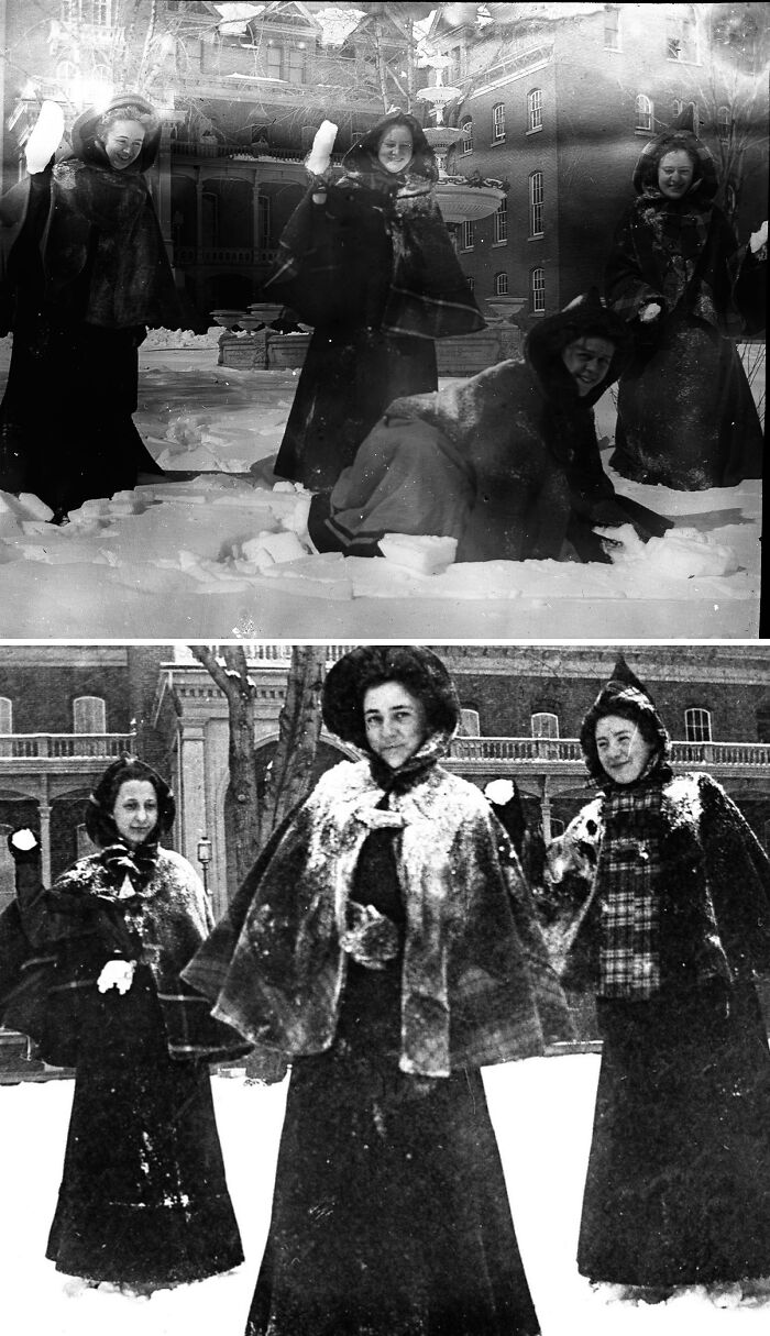 Epic Snowball Fight Between Ladies, Circa 1900