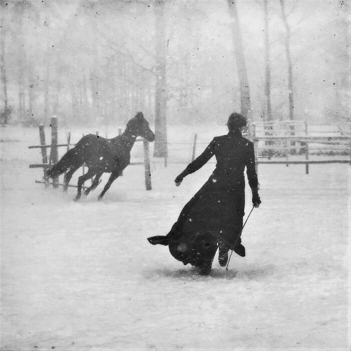 Lady and Her Horse: Snowy Day Shenanigans, 1899