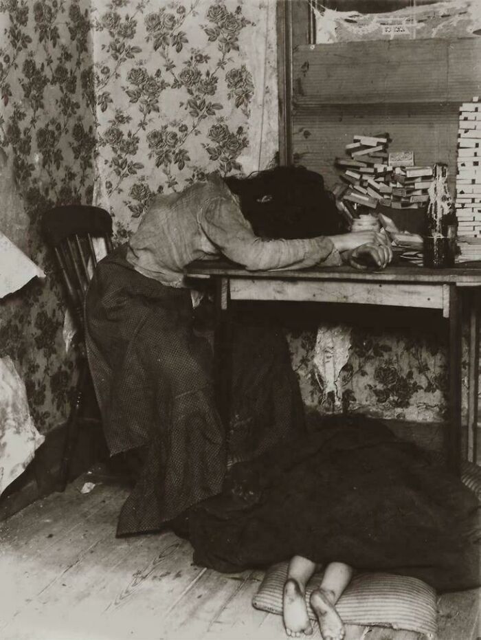Overworked Mom Making Matchboxes with Sleeping Kiddo, circa 1900