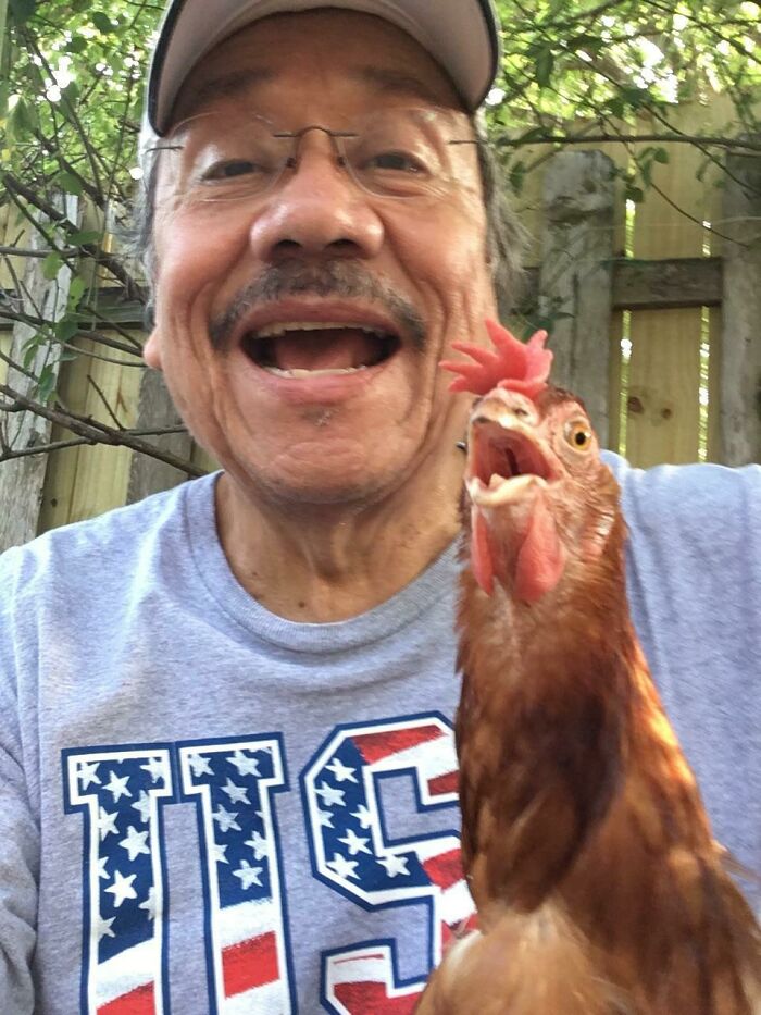 My Dad Sent Me This Pic Of Him And One Of My Hens