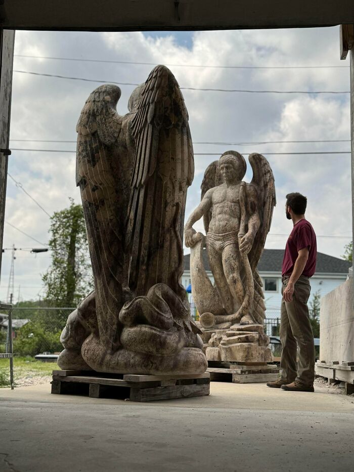 Carved 8ft-Tall Archangels In Brazilian Granite!