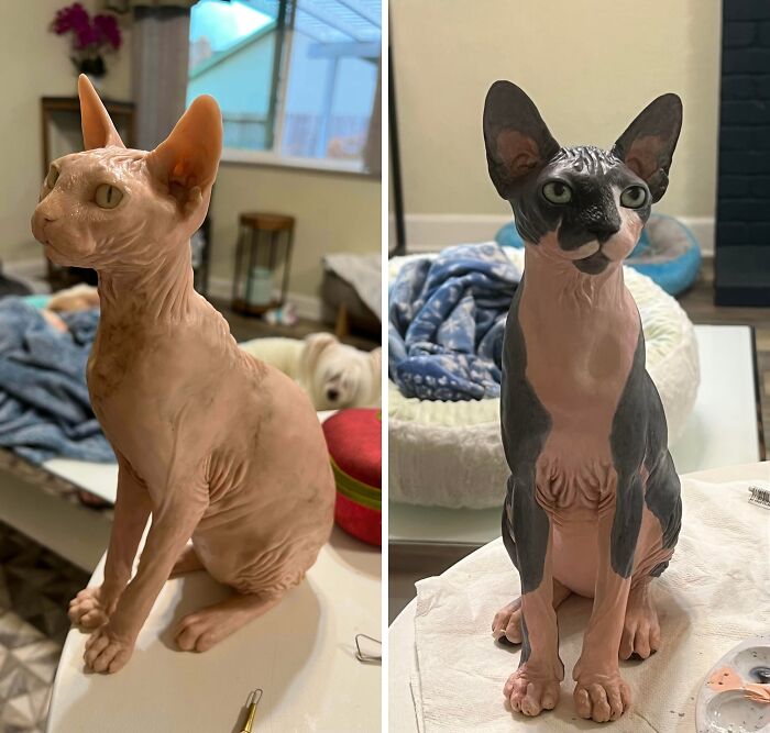 Before and After Paint Job On Polymer Clay Sphynx: Night and Day!