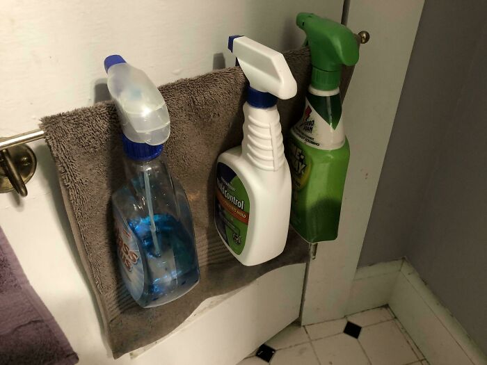 Towel Holder Turned Spray Bottle Storage? Genius Minimalism.