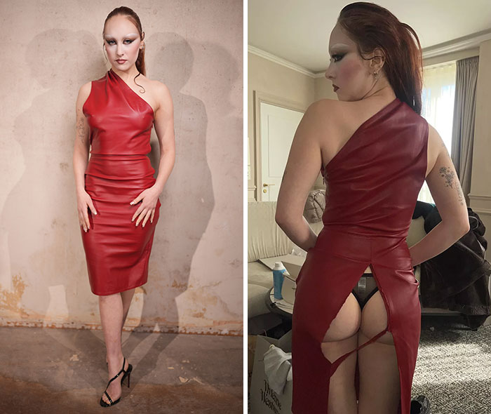 The Paris Fashion Week Red Leather Dress That Had a *Big* Oops Moment