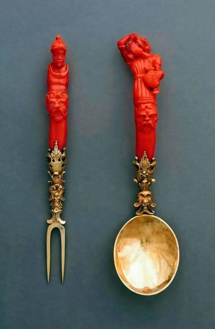 A Fork and Spoon Set Made of Red Coral and Silver That’s Positively Jeweled