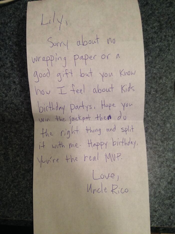 Brother-In-Law Wrapped a Sorry Note Around Lottery Tickets for a Kid’s Birthday