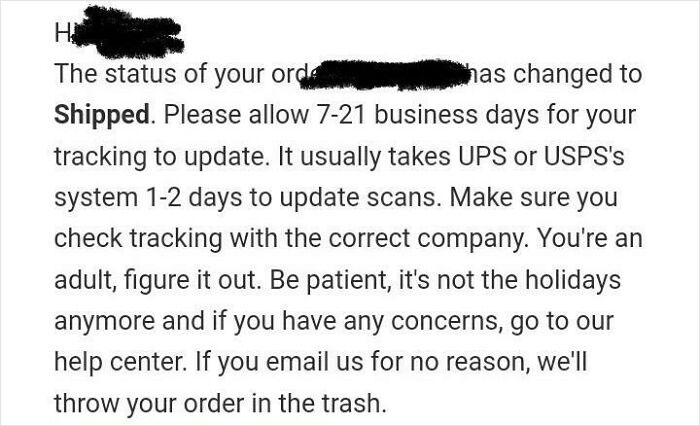 Order Confirmation Email From A Store That Forgot Tracking Info (Oof)
