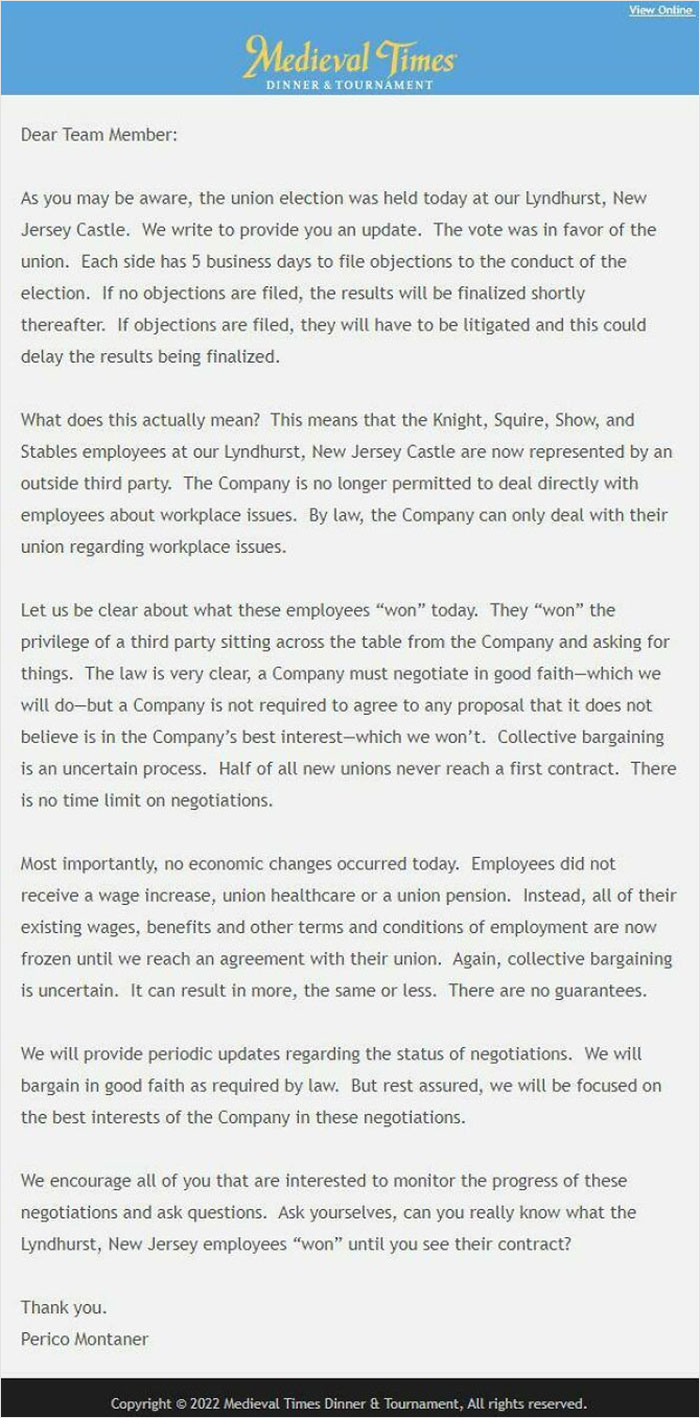 Medieval Times CEO Goes Off After Castle Staff Unionize