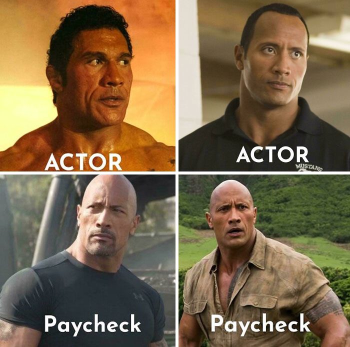 How Serious Dwayne Johnson Is In A Movie Depends On How Much Hair He Has On Top. Bald Rock = Serious Rock.
