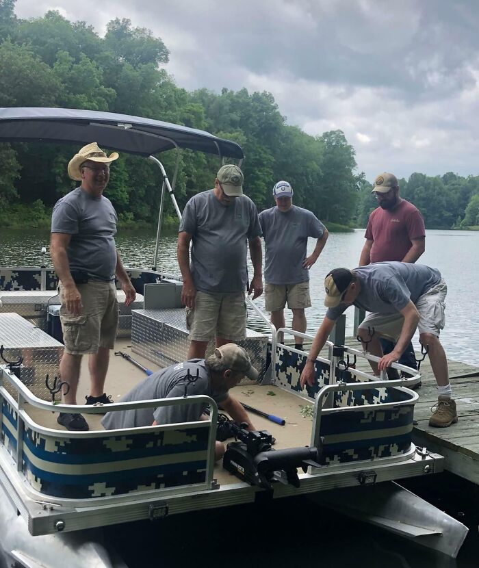 Dad and Friends Launch Their DIY Boat in Matching Tees